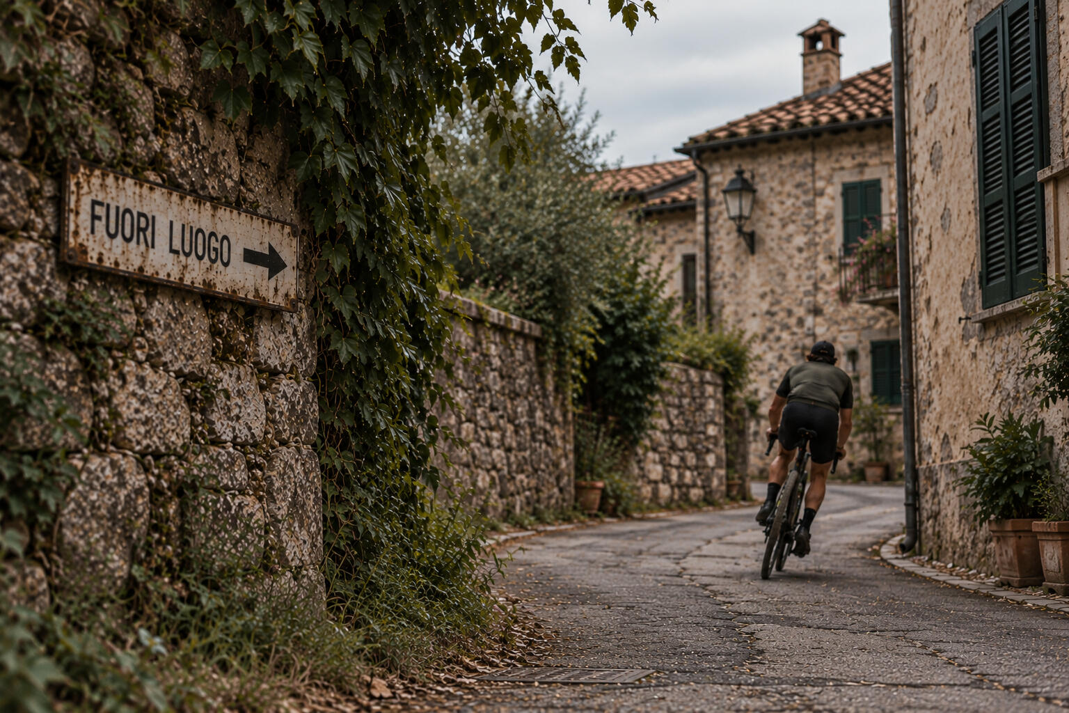 Gravel cyclist riding through a village near Lake Maggiore